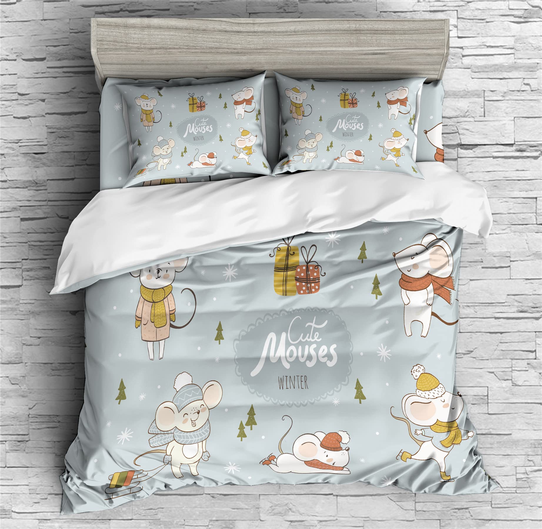 REALIN Christmas Mouse Print Duvet Cover Set Mouse Receiving Gifts Print Bedding Girl Boy Kids Bed Sets 2/3/4PCS Quilt Covers/Sheets/Pillow Shams,Twin/Full/Queen/King (C,Twin-172x218cm-3PCS)