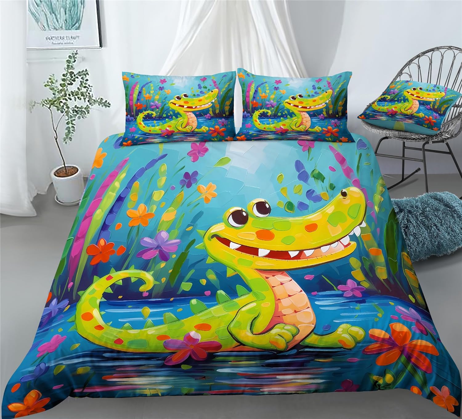 REALIN Baby Crocodile Wildlife Prints Bedding Crocodile Animal Duvet Cover Set Girl Boy Kids Bed Sets 2/3/4PCS Quilt Covers/Sheets/Pillow Shams,Twin/Full/Queen/King (C,Queen-228x228cm-4PCS)