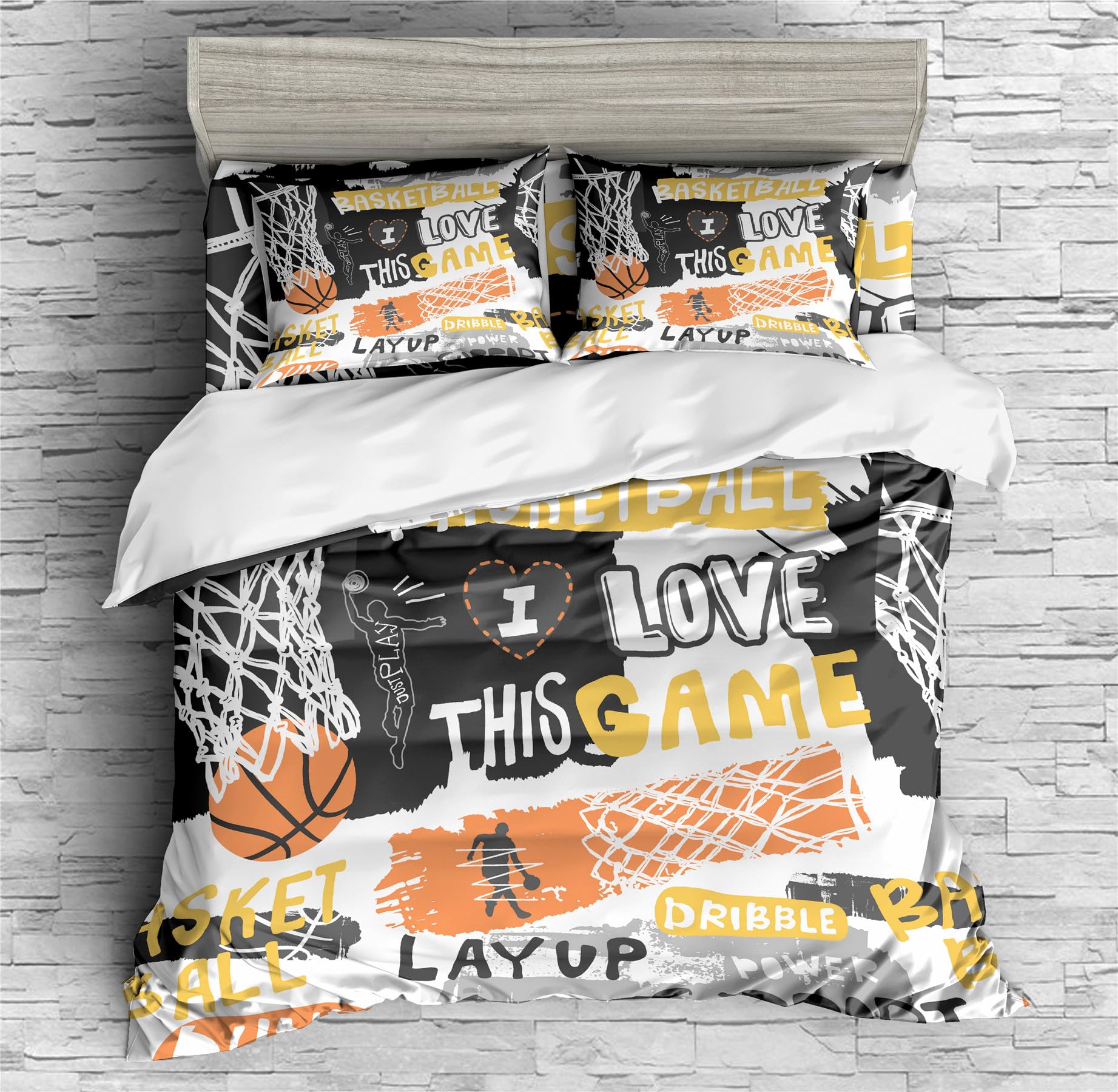 REALIN Basketball Slogan Bedding Basketball Slam Dunk Sports Duvet Cover Set Girl Boy Kids Bed Sets 2/3/4PCS Quilt Covers/Sheets/Pillow Shams,Twin/Full/Queen/King (C,King-229x259cm-4PCS)