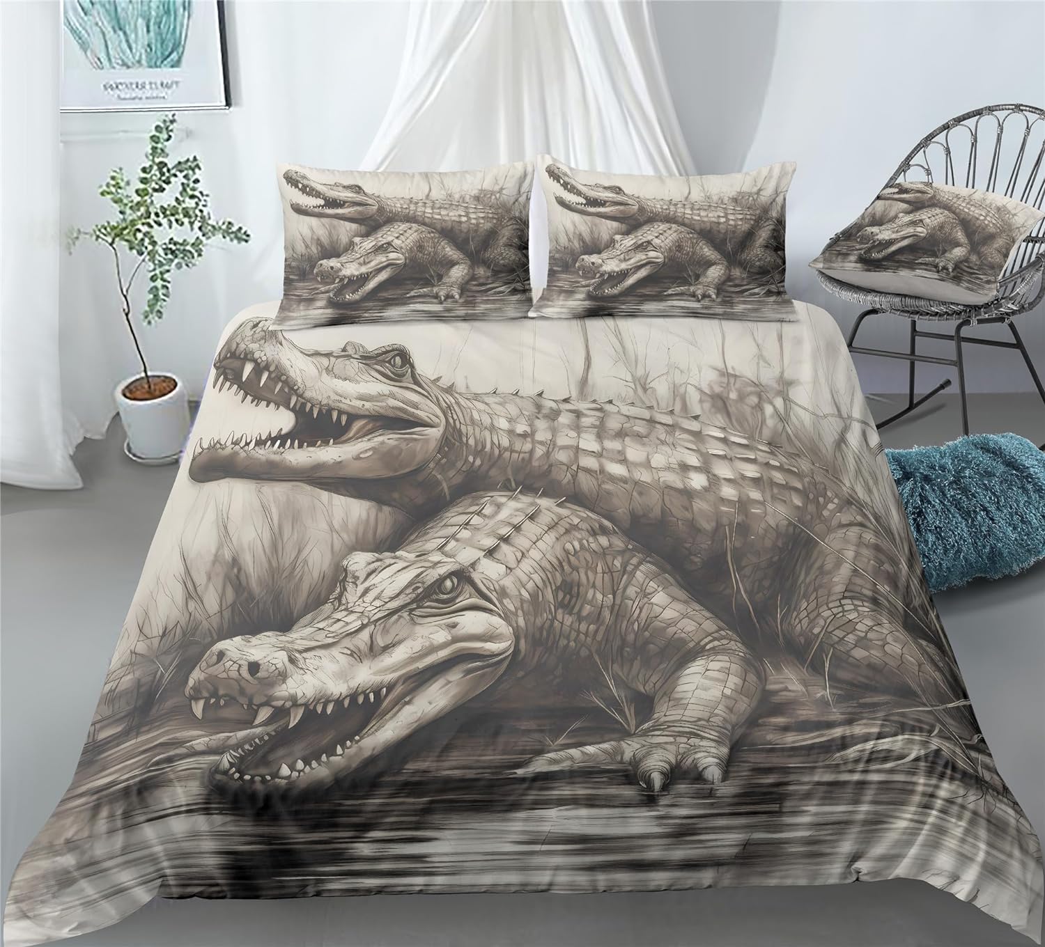 REALIN Retro Hand-Painted Crocodile Animal Duvet Cover Set Crocodile Bedding Girl Boy Kids Bed Sets 2/3/4PCS Quilt Covers/Sheets/Pillow Shams,Twin/Full/Queen/King (C,Queen-228x228cm-3PCS)