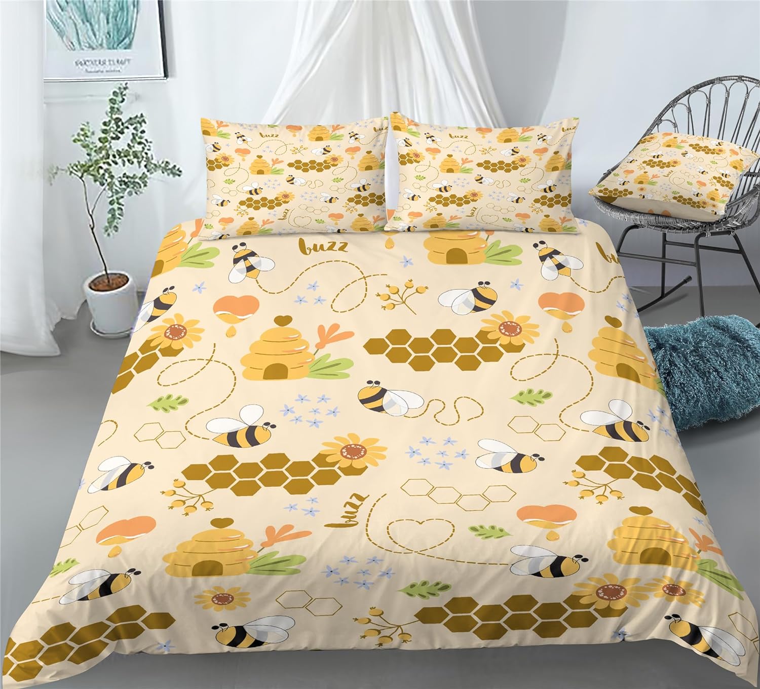 REALIN Bee Animal Bedding Cartoon Honeybee Wasp Duvet Cover Set Girl Boy Kids Bed Sets 2/3/4PCS Quilt Covers/Sheets/Pillow Shams,Twin/Full/Queen/King (B,Queen-228x228cm-3PCS)