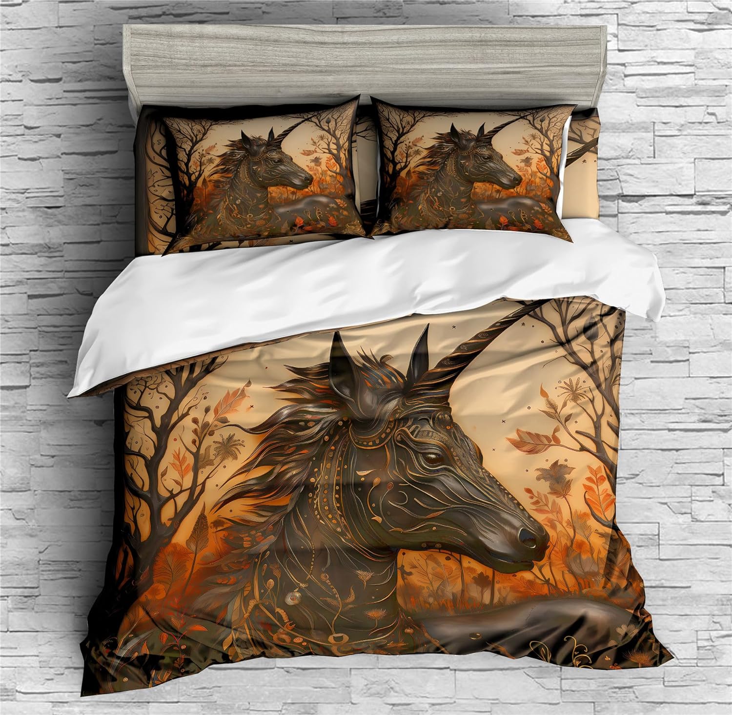 REALIN Black Wildlife Unicorn Bedding War-Horse Unicorn Duvet Cover Set Girl Boy Kids Bed Sets 2/3/4PCS Quilt Covers/Sheets/Pillow Shams,Twin/Full/Queen/King (B,King-229x259cm-4PCS)