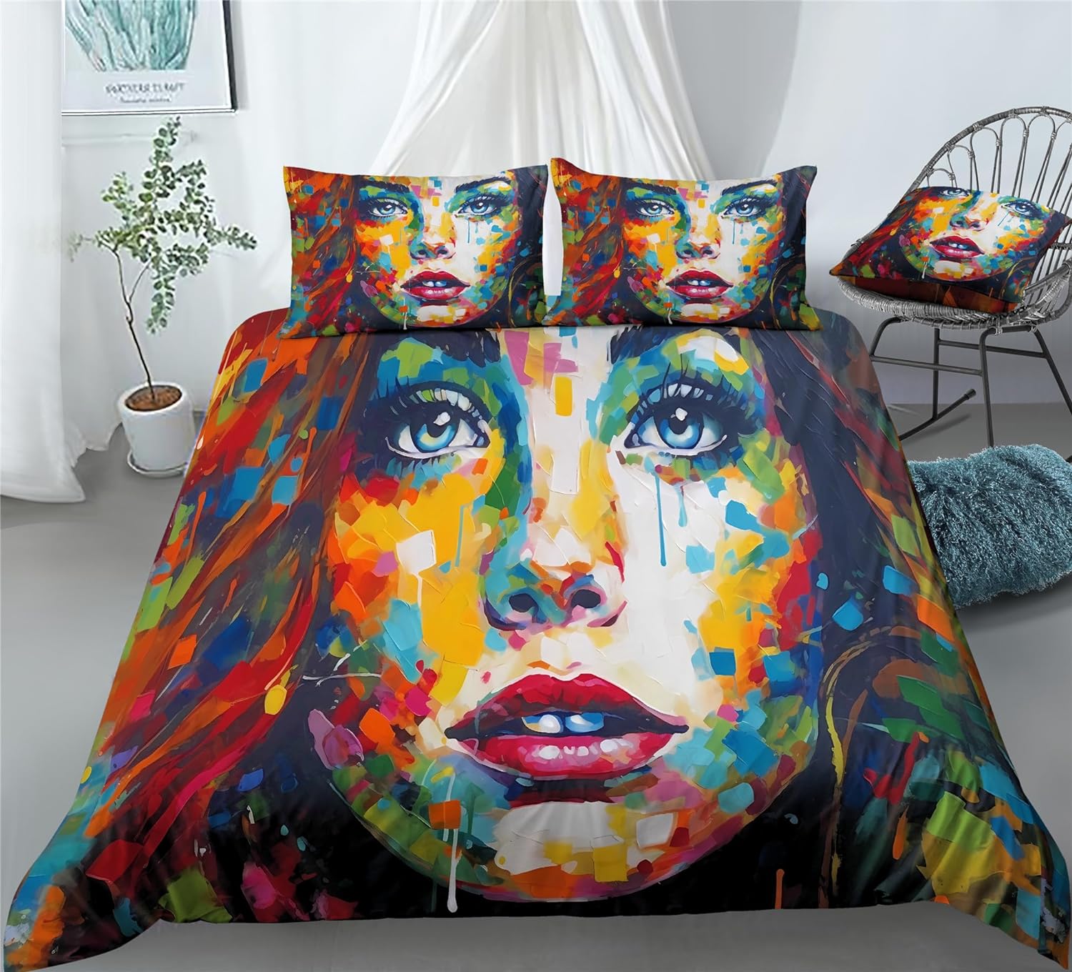 REALIN Retro Art Bedding Elegant Women Duvet Cover Set Retro POP Art Classics Women Art Bed Sets 2/3/4PCS Quilt Covers/Sheets/Pillow Shams,Twin/Full/Queen/King (A,Twin-172x218cm-3PCS)