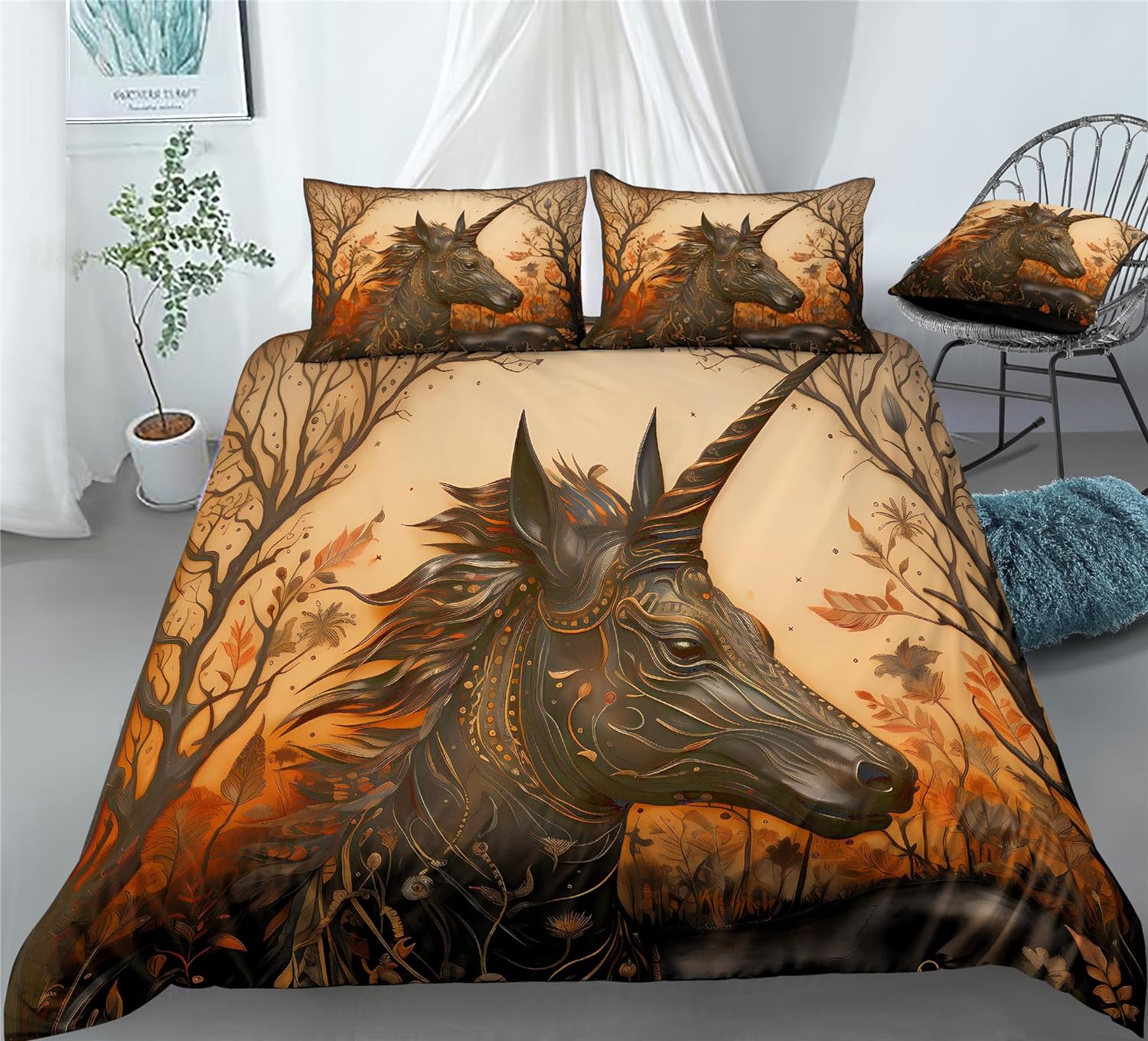 REALIN Black Wildlife Unicorn Wildlife Duvet Cover Set War-Horse Unicorn Bedding Girl Boy Kids Bed Sets 2/3/4PCS Quilt Covers/Sheets/Pillow Shams,Twin/Full/Queen/King (C,Twin-172x218cm-4PCS)