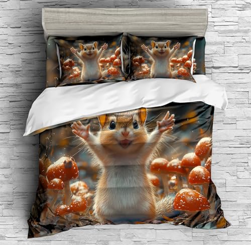 REALIN Chipmunk Print Duvet Cover Set Chipmunk Nature Animal Pattern Bedding Girl Boy Kids Bed Sets 3/4PCS Quilt Covers/Sheets/Pillow Shams,Twin/Full/Queen/King (C,Queen-228x228cm-3PCS)