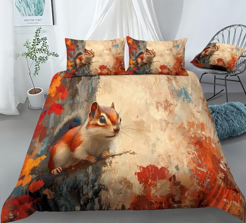 REALIN Chipmunk Print Bedding Chipmunk Nature Animal Pattern Duvet Cover Set Girl Boy Kids Bed Sets 3/4PCS Quilt Covers/Sheets/Pillow Shams,Twin/Full/Queen/King (C,Full-200x229cm-4PCS)