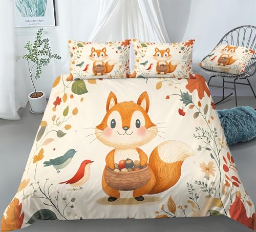 REALIN Cute Chipmunks Animal Prints Bedding Cartoon Chipmunks Duvet Cover Set Girl Boy Kids Bed Sets 3/4PCS Quilt Covers/Sheets/Pillow Shams,Twin/Full/Queen/King (A,Full-200x229cm-4PCS)