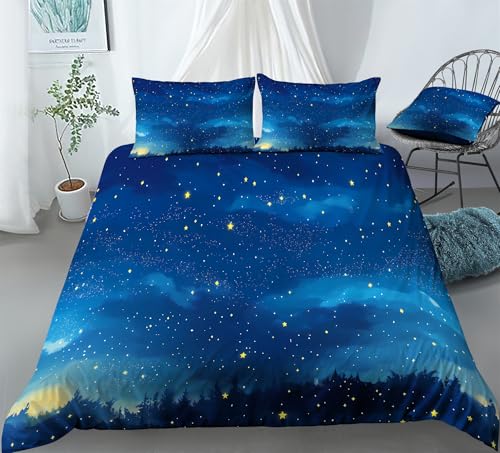 REALIN Hand-Painted Starry Sky Starry Night Bedding Galaxy Themed Duvet Cover Set Girl Boy Kids Bed Sets 3/4PCS Quilt Covers/Sheets/Pillow Shams,Twin/Full/Queen/King (B,Queen-228x228cm-3PCS)