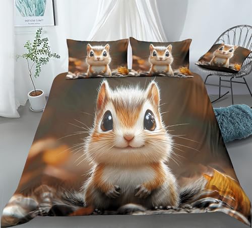 REALIN Cute Chipmunks Animal Prints Bedding Cartoon Chipmunks Duvet Cover Set Girl Boy Kids Bed Sets 3/4PCS Quilt Covers/Sheets/Pillow Shams,Twin/Full/Queen/King (A,Full-200x229cm-4PCS)