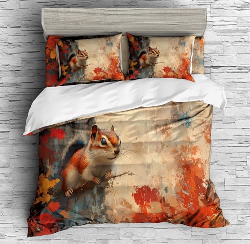 REALIN Chipmunk Print Duvet Cover Set Chipmunk Nature Animal Pattern Bedding Girl Boy Kids Bed Sets 3/4PCS Quilt Covers/Sheets/Pillow Shams,Twin/Full/Queen/King (C,Queen-228x228cm-3PCS)