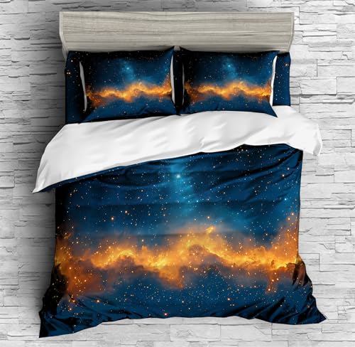 REALIN Galaxy Print Duvet Cover Set Dreamy Stars Galaxy Starry Sky Themed Bedding Girl Boy Kids Bed Sets 3/4PCS Quilt Covers/Sheets/Pillow Shams,Twin/Full/Queen/King (A,Twin-172x218cm-3PCS)