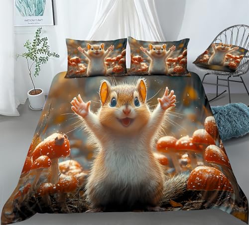 REALIN Chipmunk Print Bedding Chipmunk Nature Animal Pattern Duvet Cover Set Girl Boy Kids Bed Sets 3/4PCS Quilt Covers/Sheets/Pillow Shams,Twin/Full/Queen/King (C,Full-200x229cm-4PCS)