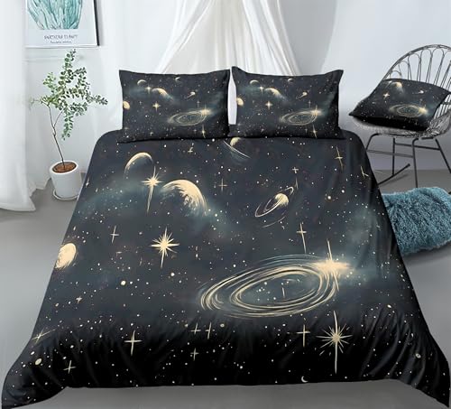 REALIN Galaxy Print Bedding Dreamy Stars Galaxy Starry Sky Themed Duvet Cover Set Girl Boy Kids Bed Sets 3/4PCS Quilt Covers/Sheets/Pillow Shams,Twin/Full/Queen/King (A,Queen-228x228cm-4PCS)