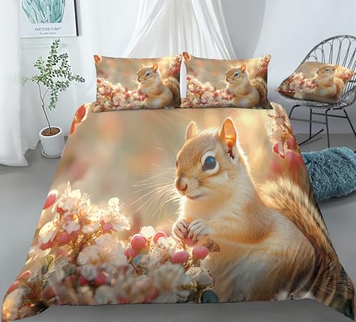 REALIN Chipmunk Print Bedding Chipmunk Nature Animal Pattern Duvet Cover Set Girl Boy Kids Bed Sets 3/4PCS Quilt Covers/Sheets/Pillow Shams,Twin/Full/Queen/King (C,Full-200x229cm-4PCS)