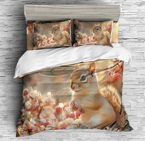 REALIN Chipmunk Print Duvet Cover Set Chipmunk Nature Animal Pattern Bedding Girl Boy Kids Bed Sets 3/4PCS Quilt Covers/Sheets/Pillow Shams,Twin/Full/Queen/King (C,Queen-228x228cm-3PCS)