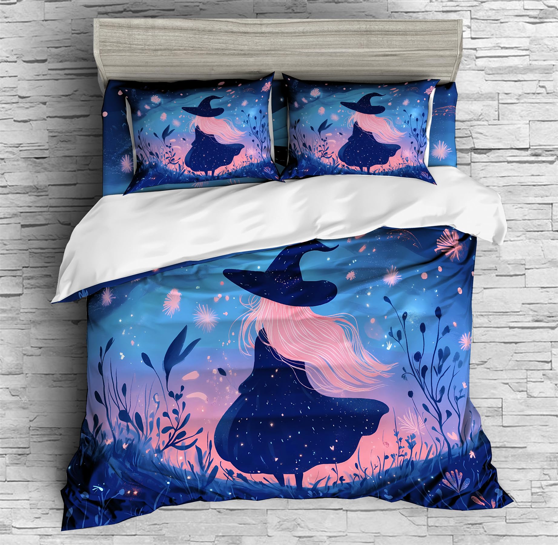 REALIN Cartoon Witch Duvet Cover Set Halloween Decor for Witch Lovers Bedding Girl Boy Kids Bed Sets 3/4PCS Quilt Covers/Sheets/Pillow Shams,Twin/Full/Queen/King (A,Full-200x229cm-4PCS)