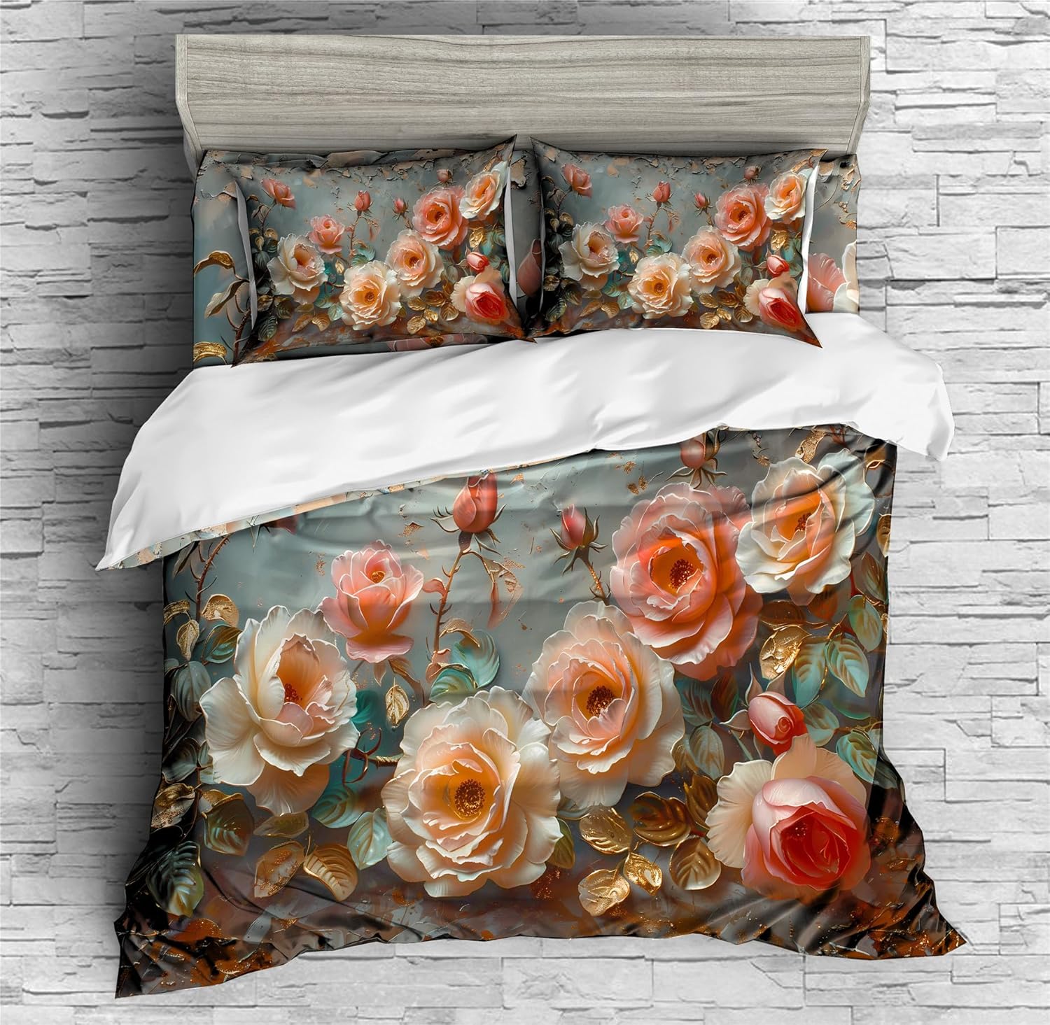 REALIN Sophisticated Rose Blooming Rose Bedding Floral Rose Duvet Cover Set Girl Boy Kids Bed Sets 3/4PCS Quilt Covers/Sheets/Pillow Shams,Twin/Full/Queen/King (C,King-229x259cm-4PCS)