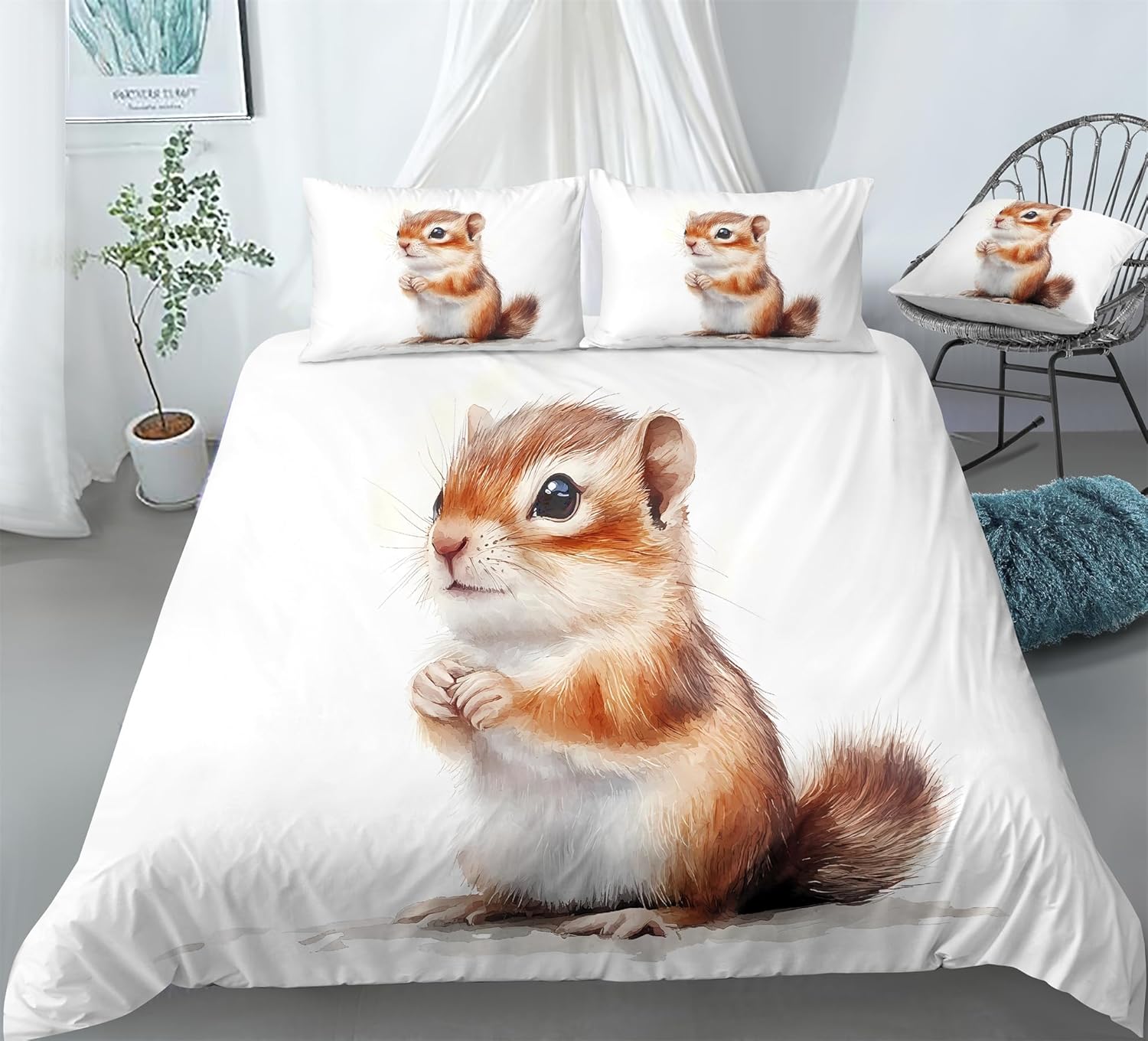 REALIN Cartoon Chipmunk Themed Bedding Nature Chipmunk Animal Duvet Cover Set Girl Boy Kids Bed Sets 3/4PCS Quilt Covers/Sheets/Pillow Shams,Twin/Full/Queen/King (A,Twin-172x218cm-4PCS)