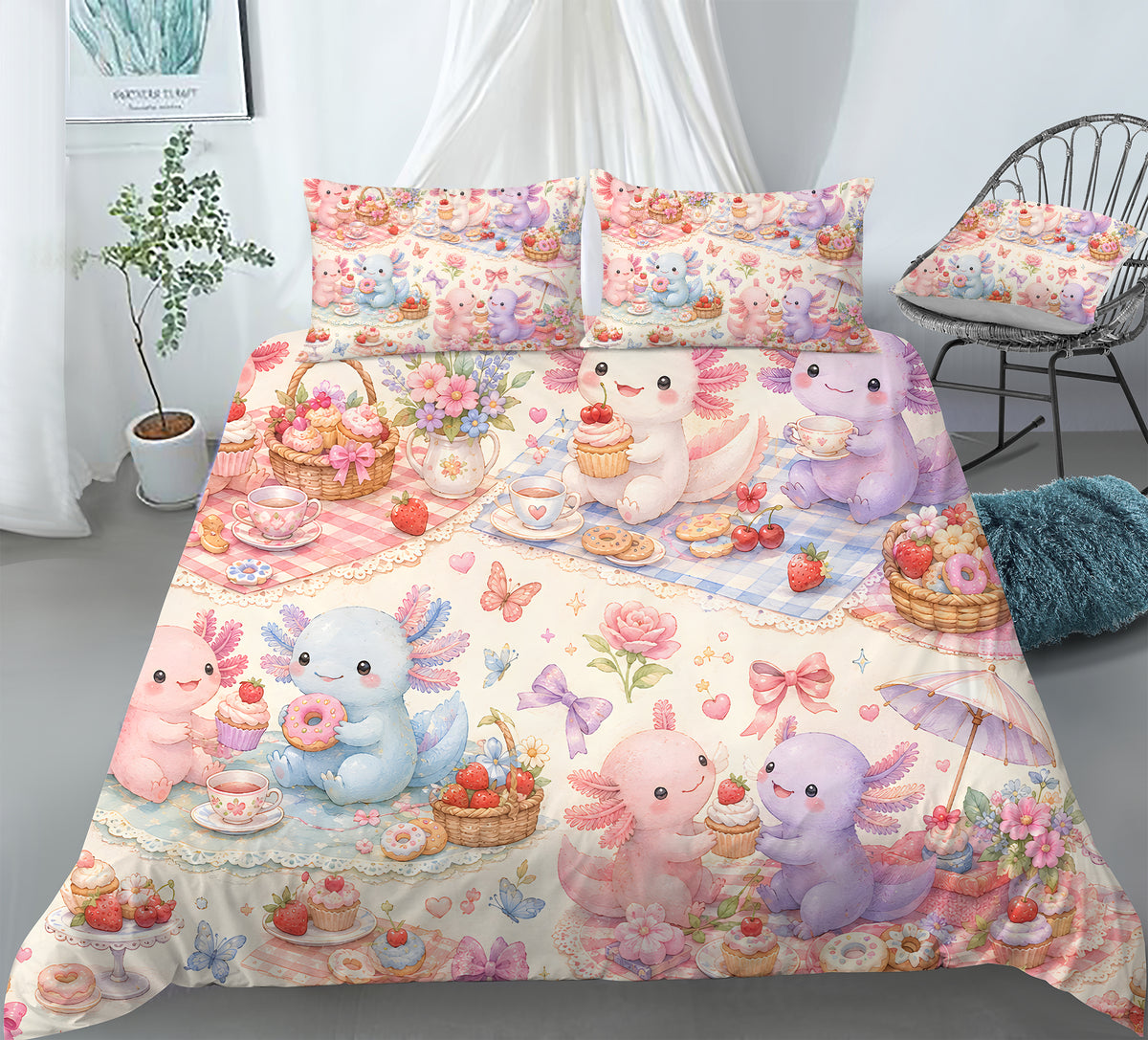 Sweet Kawaii Axolotl Duvet Cover Set - Print 15
