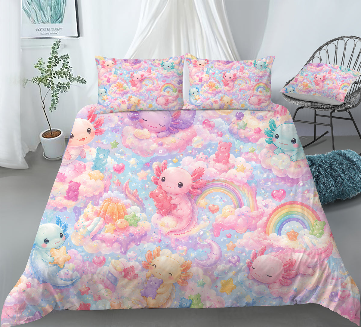 Sweet Kawaii Axolotl Duvet Cover Set - Print 21