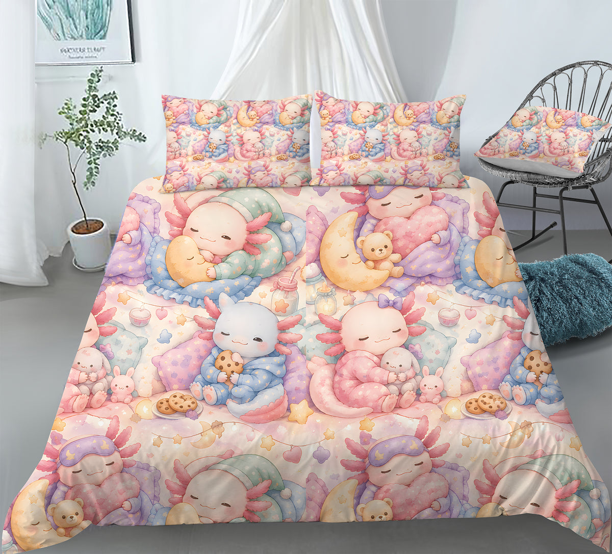 Sweet Kawaii Axolotl Duvet Cover Set - Print 27