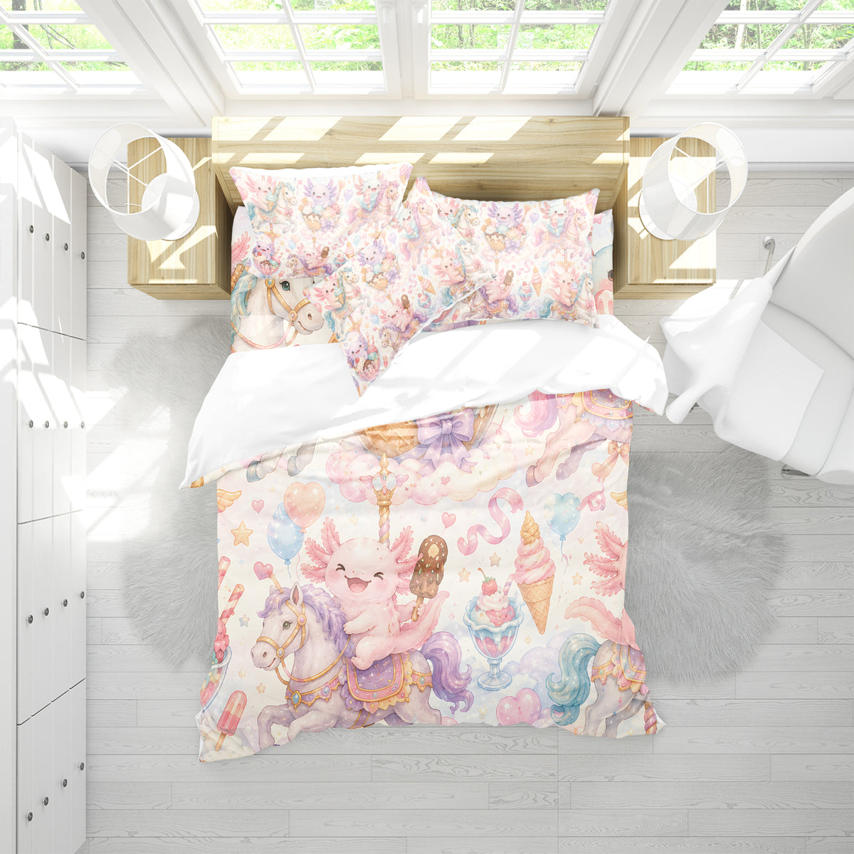 Sweet Kawaii Axolotl Duvet Cover Set - Print 35