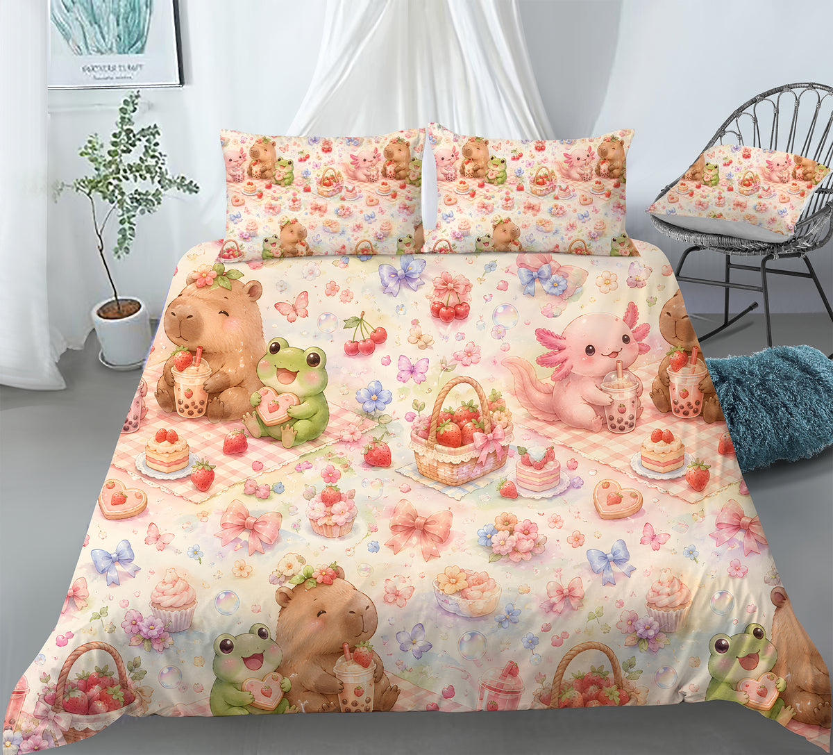 Axolotl Capybara Frog Duvet Cover Set - Print 3