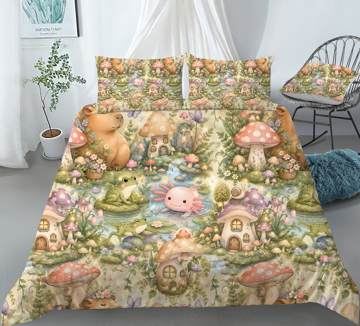 Axolotl Capybara Frog Duvet Cover Set - Print 9