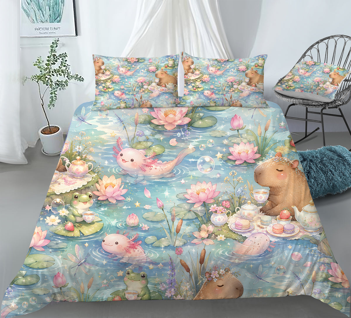 Axolotl Capybara Frog Duvet Cover Set - Print 15