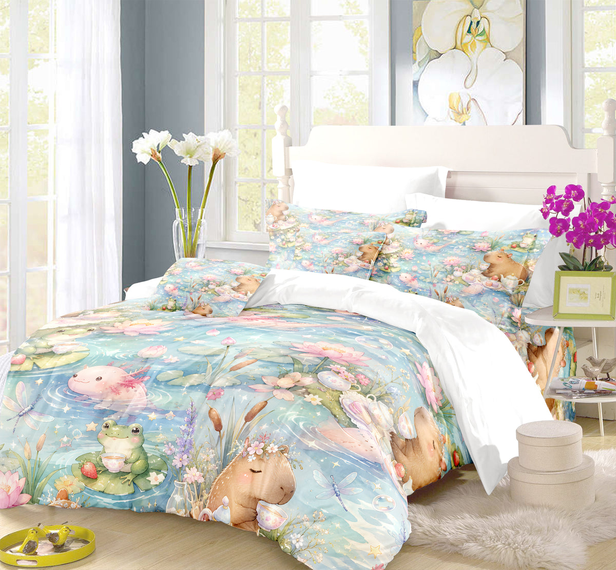 Axolotl Capybara Frog Duvet Cover Set - Print 18