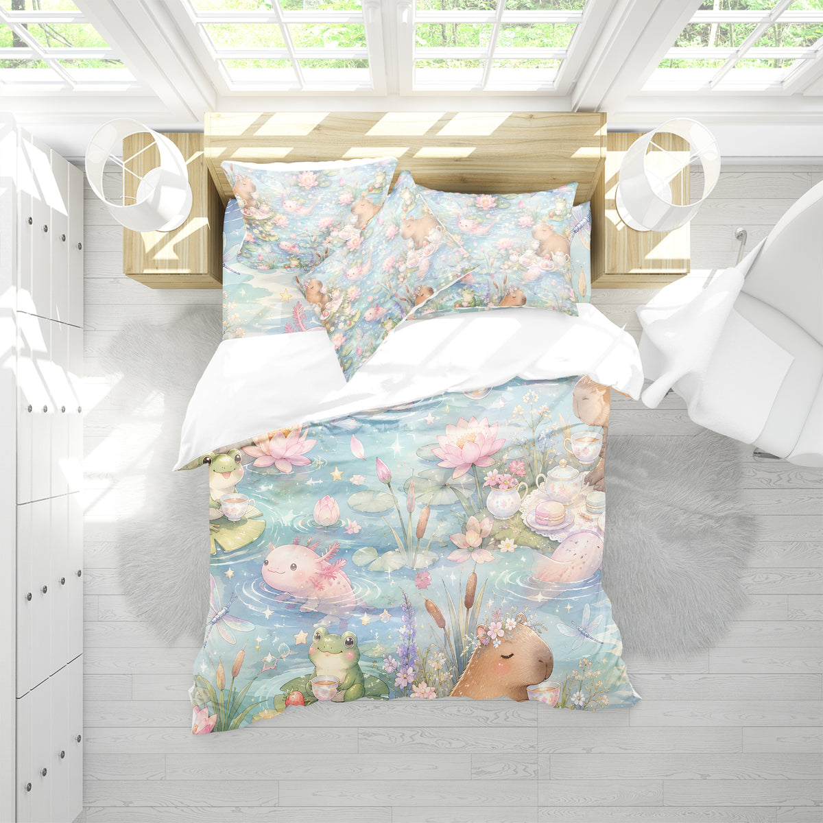 Axolotl Capybara Frog Duvet Cover Set - Print 17