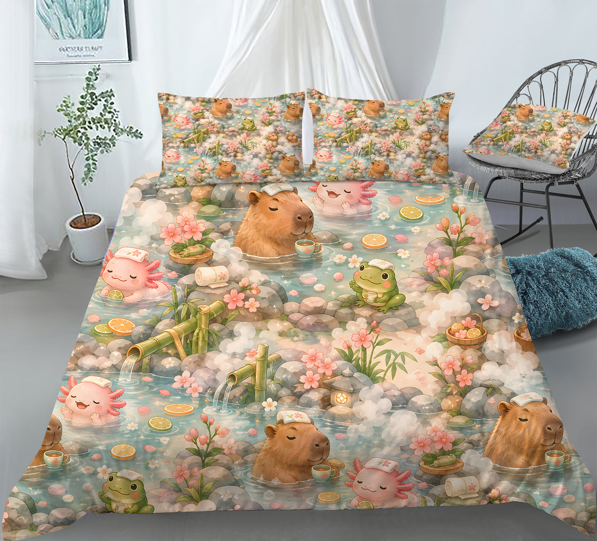 Axolotl Capybara Frog Duvet Cover Set - Print 21
