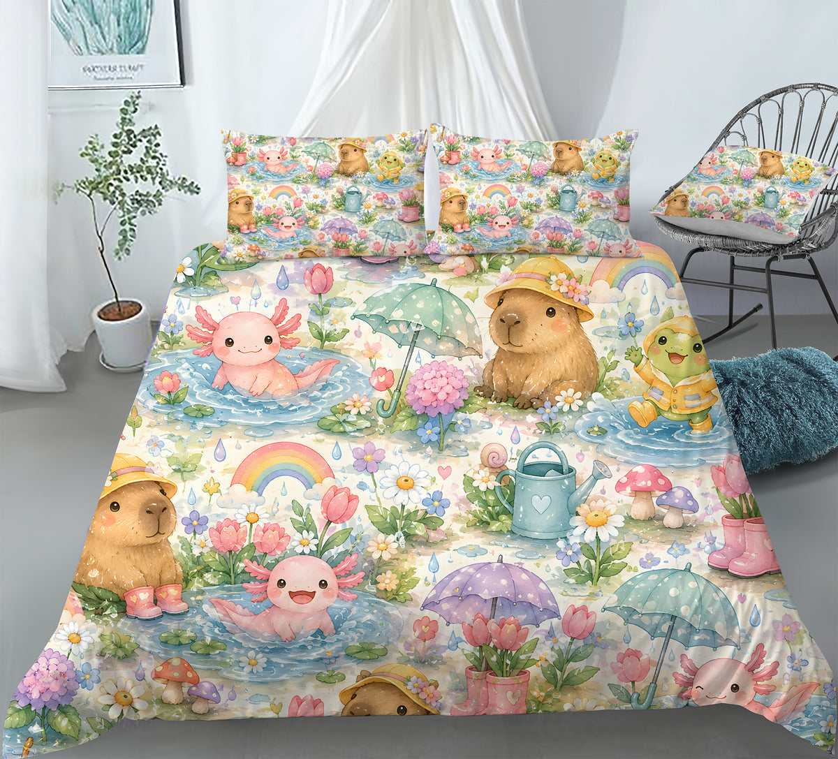 Axolotl Capybara Frog Duvet Cover Set - Print 27