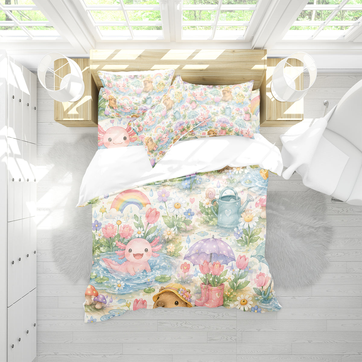 Axolotl Capybara Frog Duvet Cover Set - Print 29