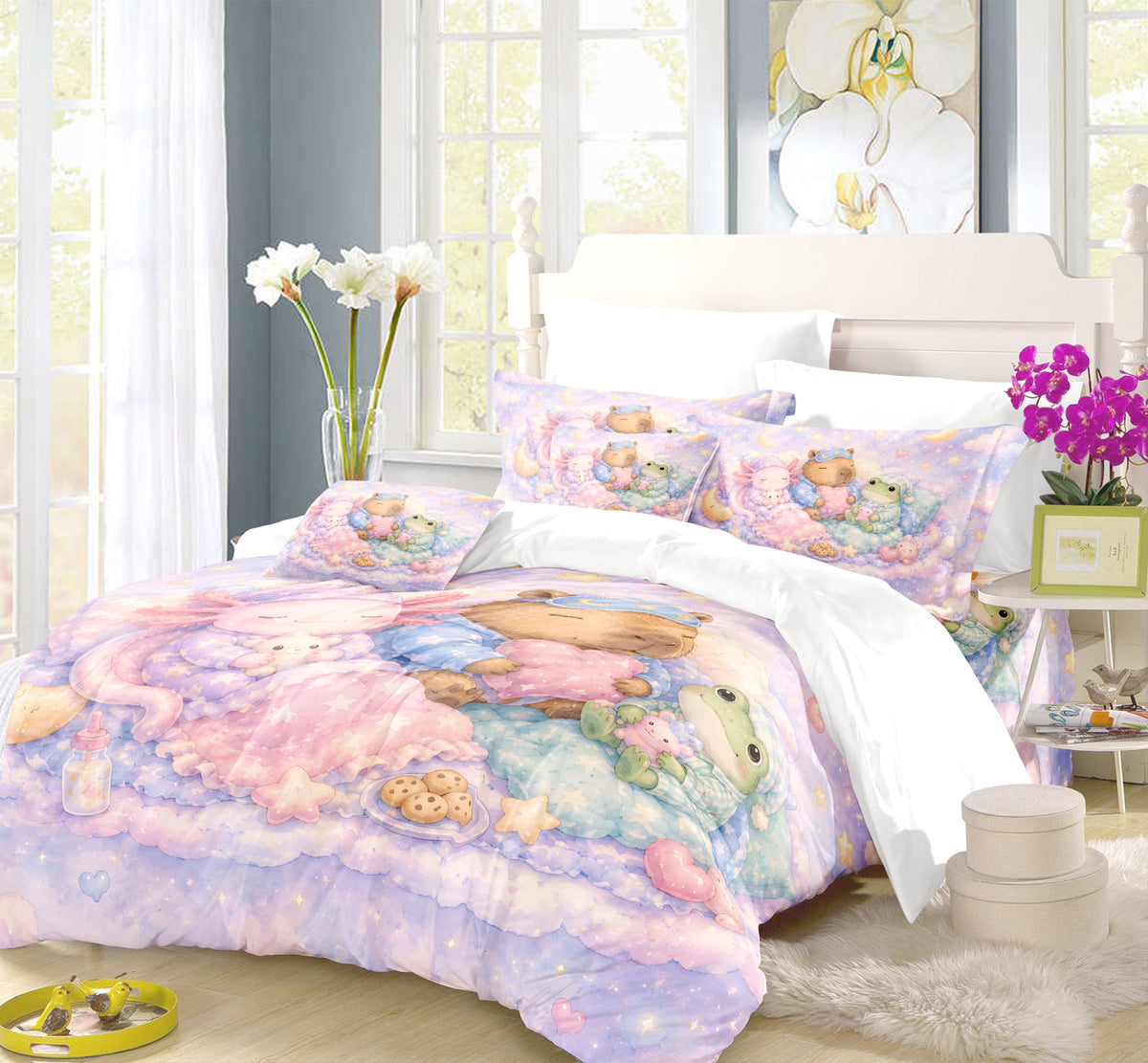 Axolotl Capybara Frog Duvet Cover Set - Print 36