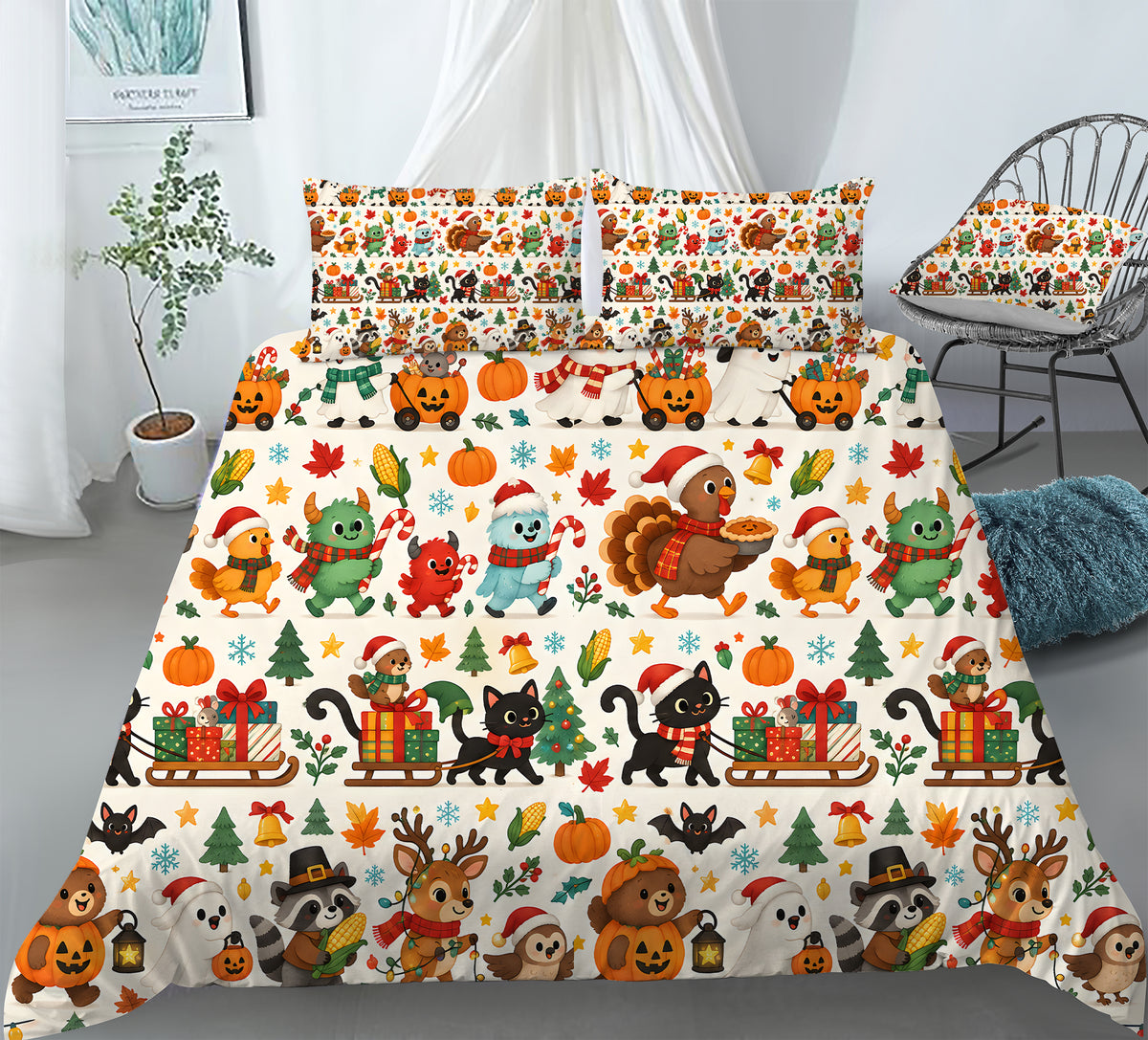 Halloween Thanksgiving Christmas Duvet Cover Set - Print 27