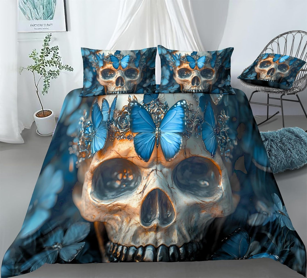 Exquisite Blue Butterfly Skeleton Bedding Vintage Skeleton Duvet Cover Set - Print 4