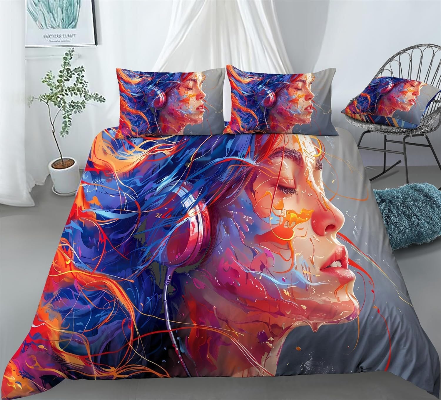 REALIN Modern Music Music Headphones Bedding Music Lover Duvet Cover Set Girl Boy Kids Bed Sets 3/4PCS Quilt Covers/Sheets/Pillow Shams,Twin/Full/Queen/King (C,Queen-228x228cm-3PCS)