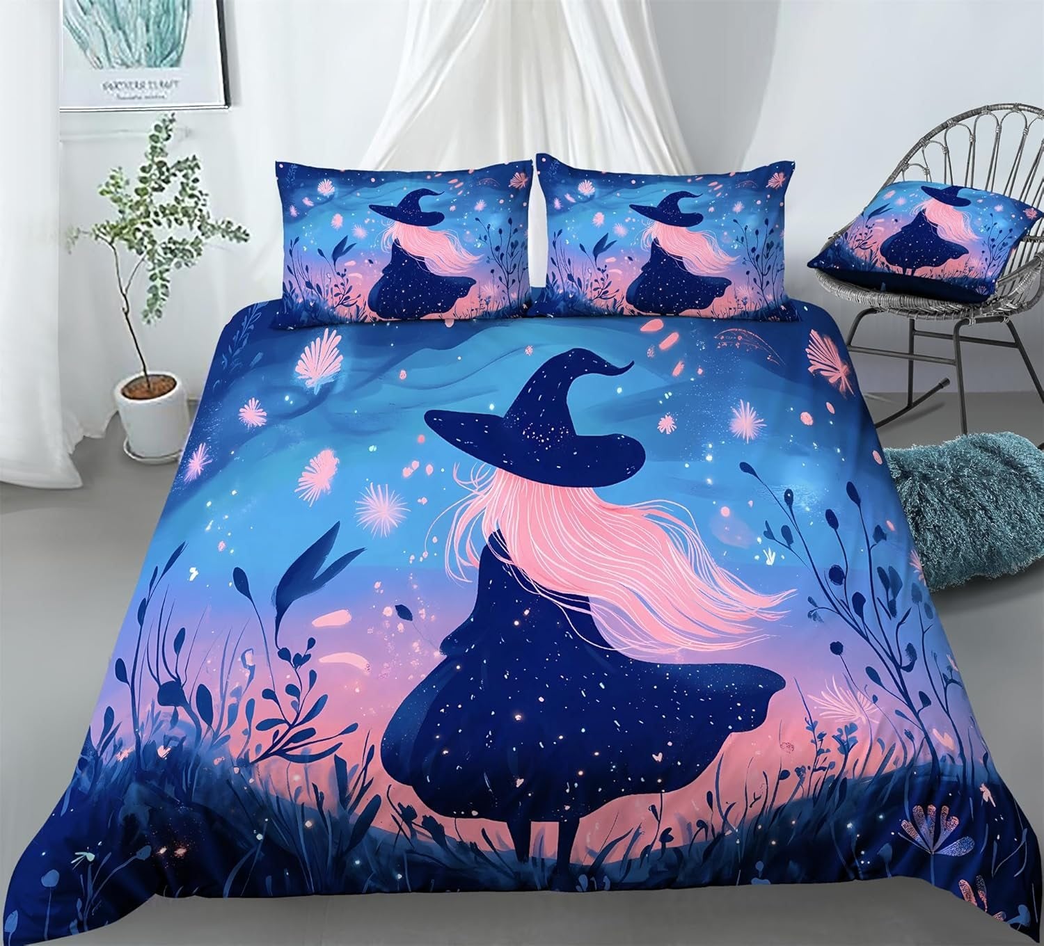 REALIN Cartoon Witch Bedding Halloween Decor for Witch Lovers Duvet Cover Set Girl Boy Kids Bed Sets 3/4PCS Quilt Covers/Sheets/Pillow Shams,Twin/Full/Queen/King (A,Twin-172x218cm-4PCS)