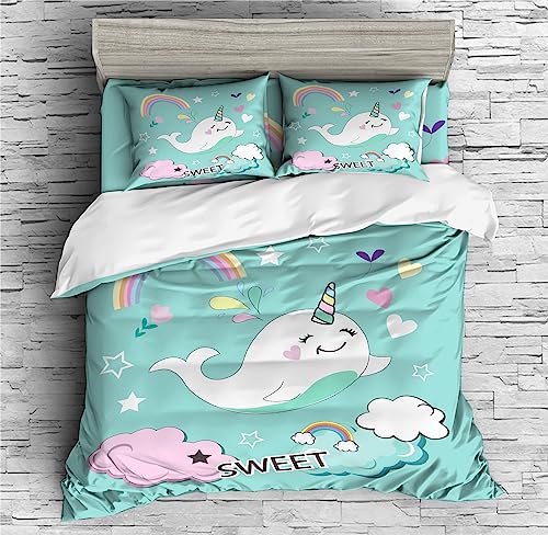 REALIN Cartoon Narwhal Print Bedding Narwhal Animal Starfish Duvet Cover Set Girl Boy Kids Bed Sets 2/3/4PCS Quilt Covers/Sheets/Pillow Shams,Twin/Full/Queen/King (A,King-229x259cm-4PCS)