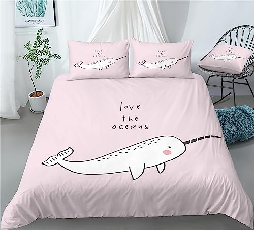 REALIN Narwhal Cartoon Animal Duvet Cover Set Cute Marine Animals Bedding Girl Boy Kids Bed Sets 2/3/4PCS Quilt Covers/Sheets/Pillow Shams,Twin/Full/Queen/King (C,King-229x259cm-3PCS)