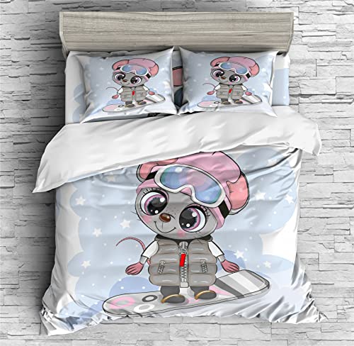 REALIN Cartoon Mouse Print Duvet Cover Set Cute Rats Animal Print Bedding Girl Boy Kids Bed Sets 2/3/4PCS Quilt Covers/Sheets/Pillow Shams,Twin/Full/Queen/King (B,Full-200x229cm-3PCS)