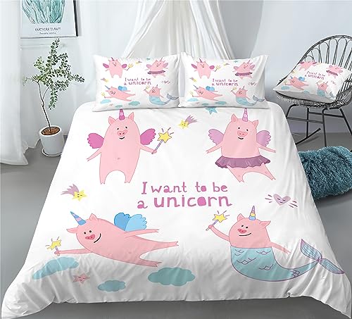 REALIN Moon Universe Unicorn Pig Duvet Cover Set Unicorn Pig Bedding Girl Boy Kids Bed Sets 2/3/4PCS Quilt Covers/Sheets/Pillow Shams,Twin/Full/Queen/King (A,Full-200x229cm-3PCS)