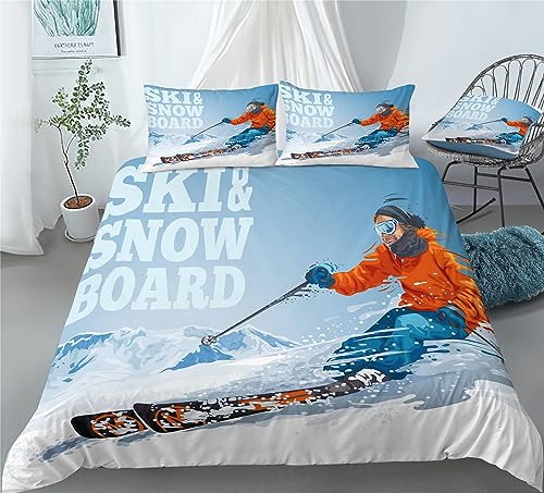 REALIN Figure Skiing Duvet Cover Set Snow Peak Skiing Snowboarding Bedding Girl Boy Kids Bed Sets 2/3/4PCS Quilt Covers/Sheets/Pillow Shams,Twin/Full/Queen/King (A,King-229x259cm-4PCS)