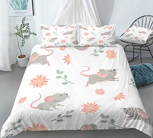 REALIN Cartoon Mouse Print Bedding Cute Rats Animal Print Duvet Cover Set Girl Boy Kids Bed Sets 2/3/4PCS Quilt Covers/Sheets/Pillow Shams,Twin/Full/Queen/King (A,Queen-228x228cm-3PCS)