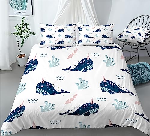 REALIN Cartoon Narwhal Print Duvet Cover Set Narwhal Animal Starfish Ocean Bedding Girl Boy Kids Bed Sets 2/3/4PCS Quilt Covers/Sheets/Pillow Shams,Twin/Full/Queen/King (C,Queen-228x228cm-4PCS)