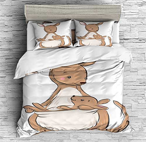 REALIN Cute Cartoon Animal Kangaroo Duvet Cover Set Kangaroo Print Bedding Girl Boy Kids Bed Sets 2/3/4PCS Quilt Covers/Sheets/Pillow Shams,Twin/Full/Queen/King (A,Queen-228x228cm-4PCS)