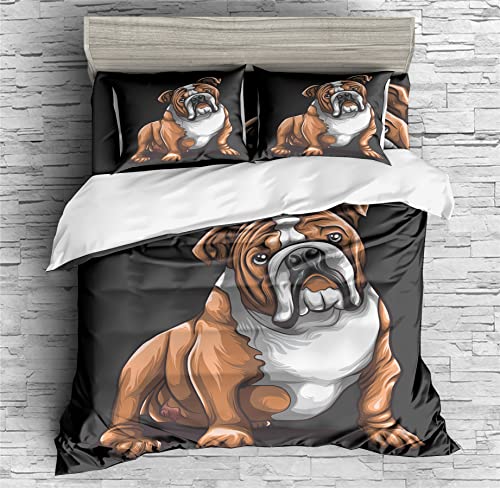 REALIN Cartoon Bulldog Bedding Olde English Bulldogge Animal Duvet Cover Set Girl Boy Kids Bed Sets 2/3/4PCS Quilt Covers/Sheets/Pillow Shams,Twin/Full/Queen/King (B,King-229x259cm-3PCS)