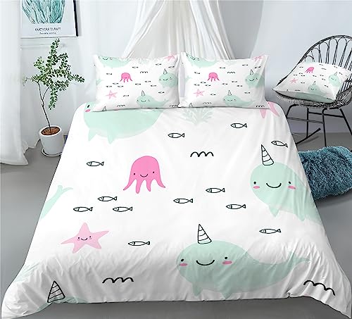 REALIN Cartoon Blue Narwhal Bedding Narwhal Marine Animal Duvet Cover Set Girl Boy Kids Bed Sets 2/3/4PCS Quilt Covers/Sheets/Pillow Shams,Twin/Full/Queen/King (A,King-229x259cm-3PCS)