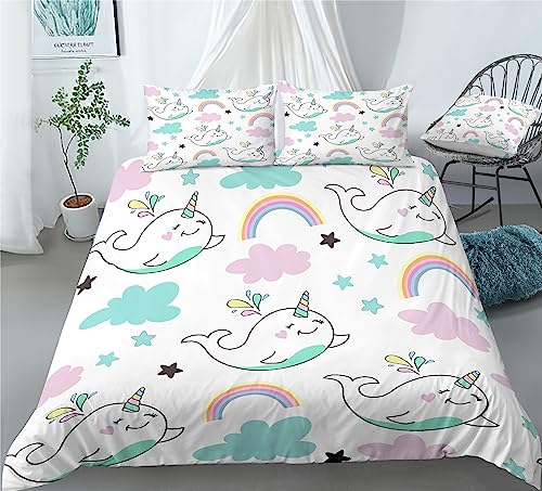 REALIN Cartoon Narwhal Print Duvet Cover Set Narwhal Animal Starfish Ocean Bedding Girl Boy Kids Bed Sets 2/3/4PCS Quilt Covers/Sheets/Pillow Shams,Twin/Full/Queen/King (C,Queen-228x228cm-4PCS)